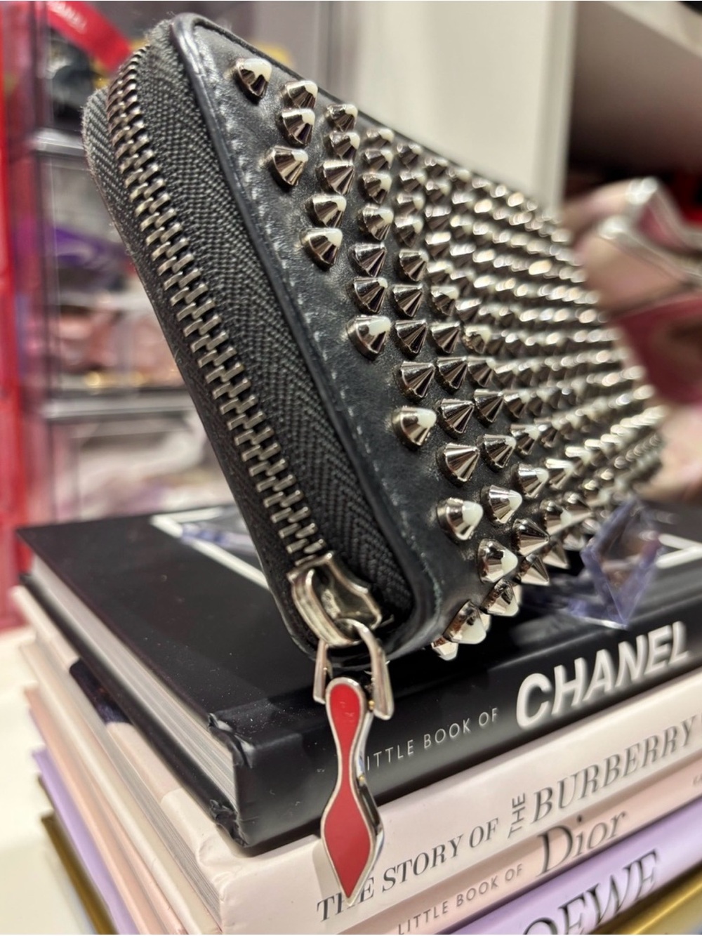Christian Louboutin Panettone Black Spike Zip-Around Wallet with Red Charm